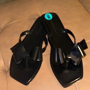 BCBGeneration Black Square-Toe Bow Slide Sandals